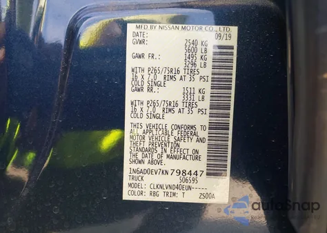 2019 Nissan Frontier Pro-4X из США, поврежденный, VIN 1N6AD0EV7KN798447